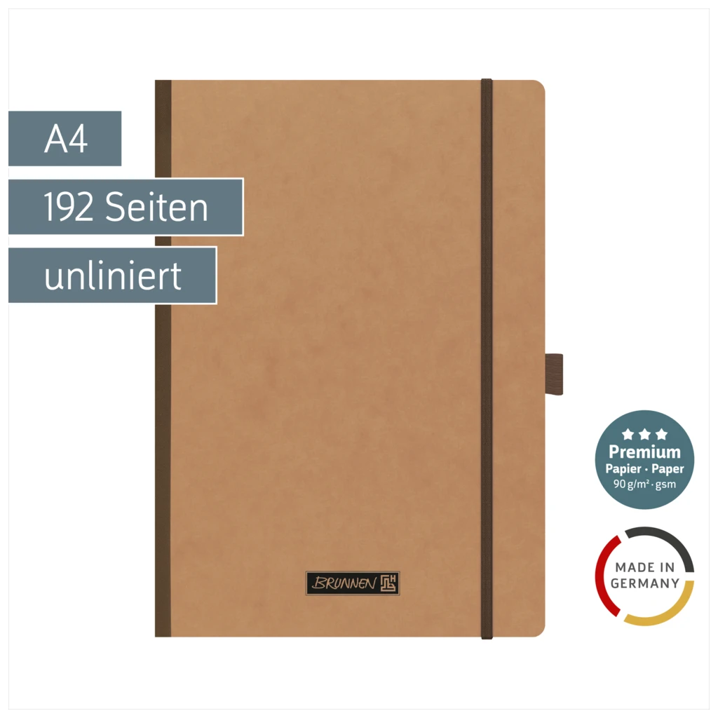 Notizbuch Premium FACT!plus Kladde | A4, unliniert, Gummizugverschluss, braun