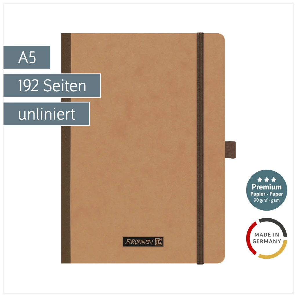 Notizbuch Premium FACT!plus Kladde | A5, unliniert, Gummizugverschluss, braun