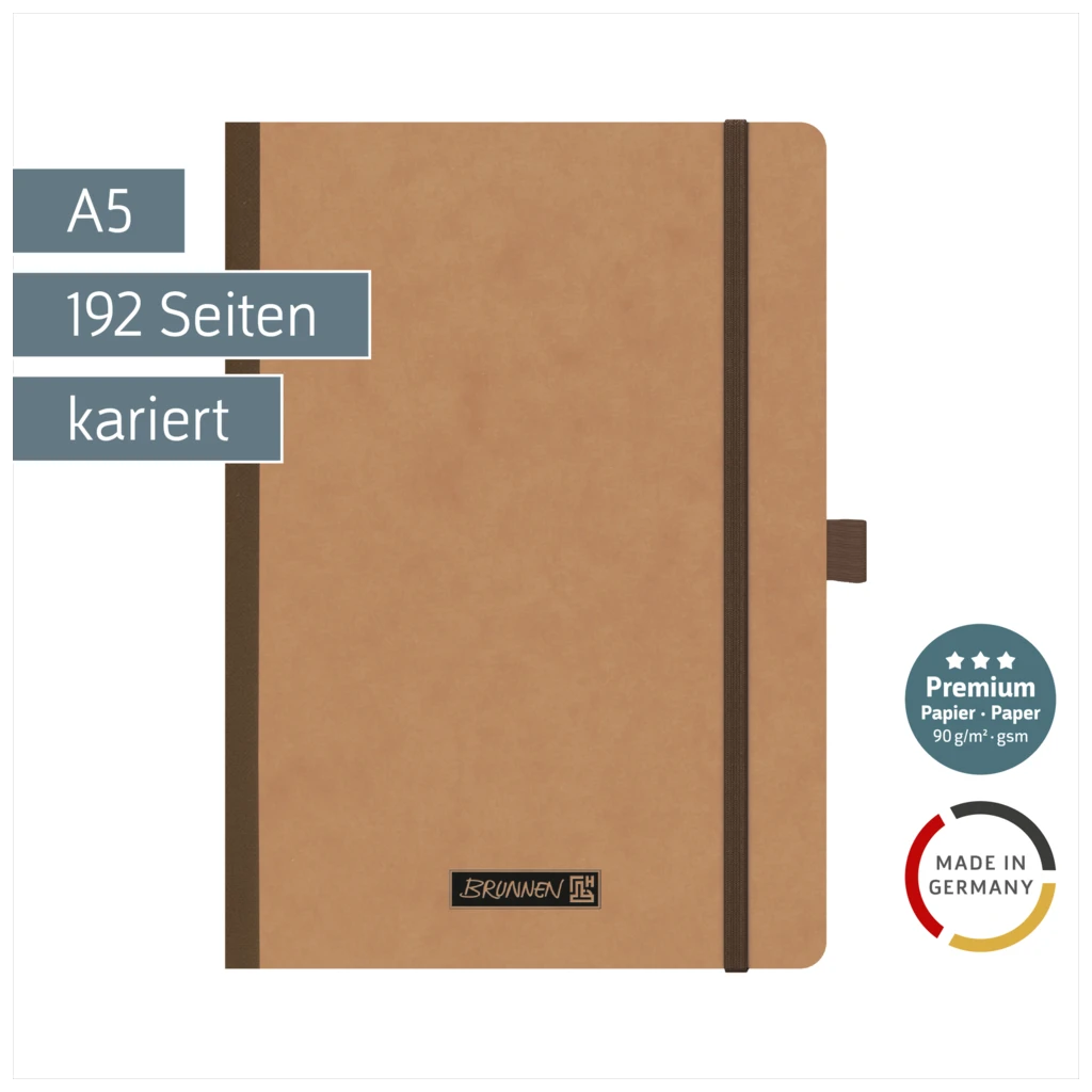 Notizbuch Premium FACT!plus Kladde | A5, kariert, Gummizugverschluss, braun