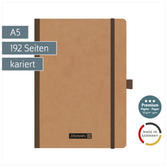 Notizbuch Premium FACT!plus Kladde | A5, kariert, Gummizugverschluss, braun