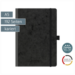 Notizbuch Premium FACT!plus Kladde | A5, kariert, Gummizugverschluss, schwarz