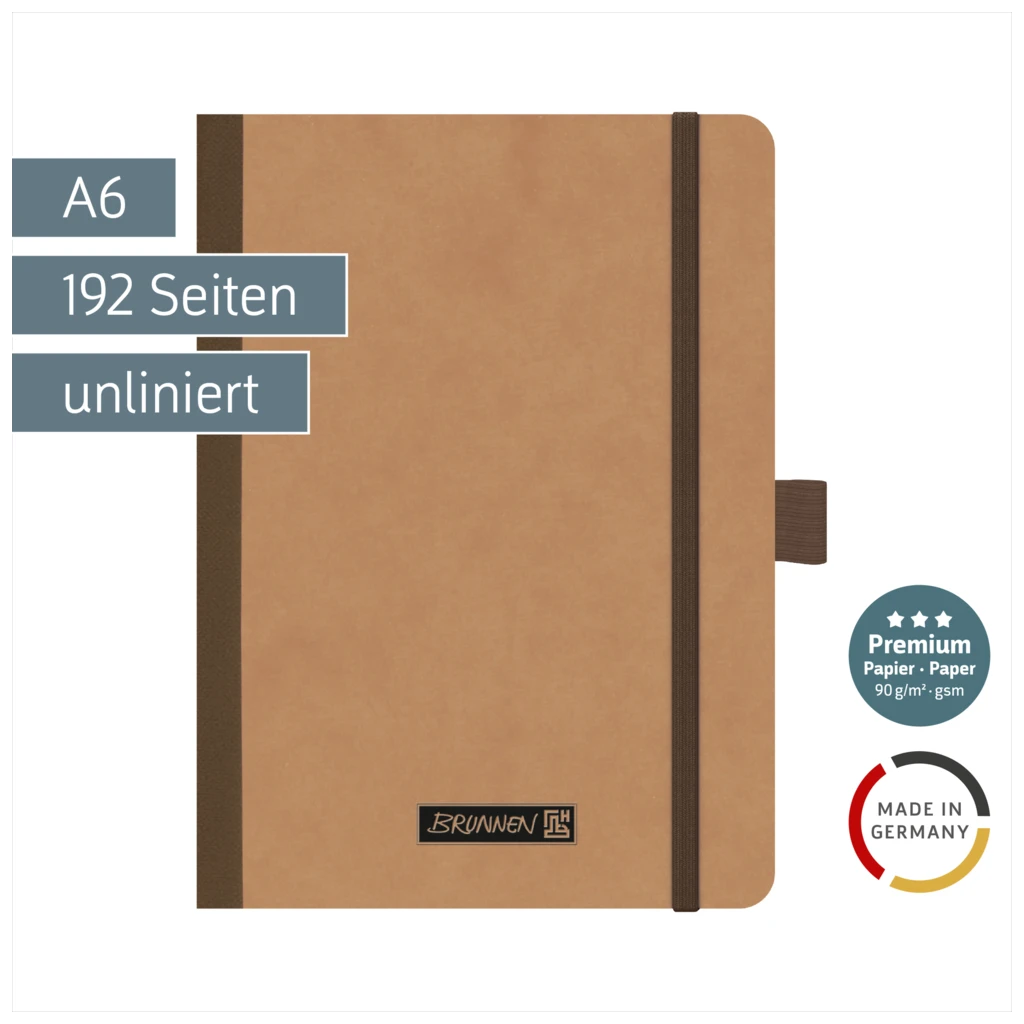 Notizbuch Premium FACT!plus Kladde | A6, unliniert, Gummizugverschluss, braun