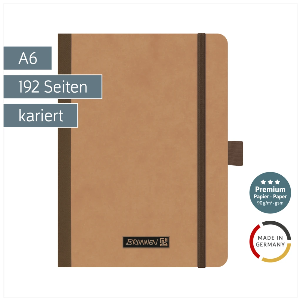 Notizbuch Premium FACT!plus Kladde | A6, kariert, Gummizugverschluss, braun