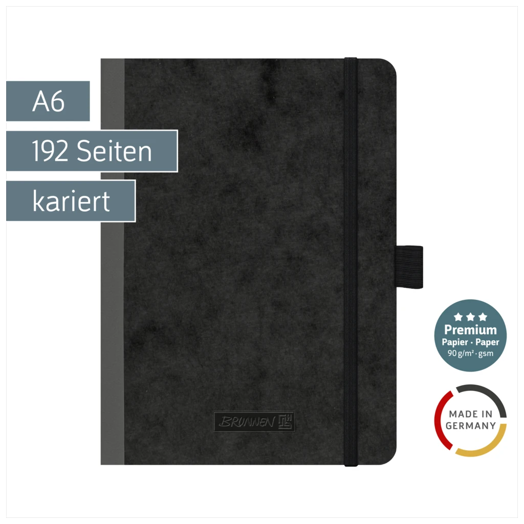 Notizbuch Premium FACT!plus Kladde | A6, kariert, Gummizugverschluss, schwarz