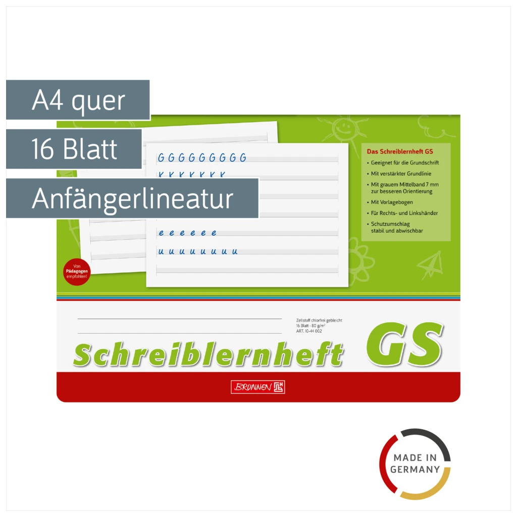 Schreiblernheft | A4 quer, Lineatur GS, 16 Blatt, grün