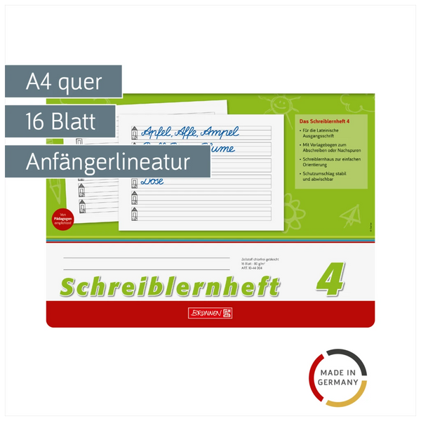 Schreiblernheft | A4 quer, Lineatur 4, 16 Blatt, grün
