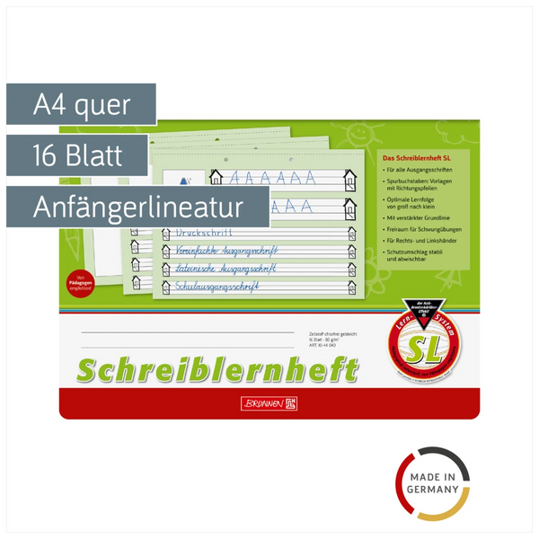 Schreiblernheft | A4 quer, Lineatur SL, 16 Blatt, grün
