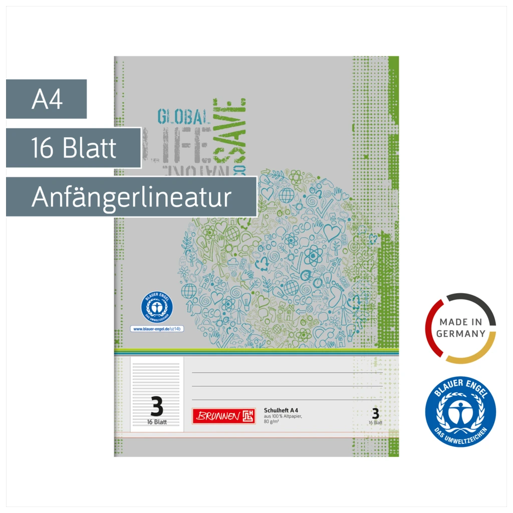 Schulheft Recycling | A4, Lineatur 3, 16 Blatt, grün/grau
