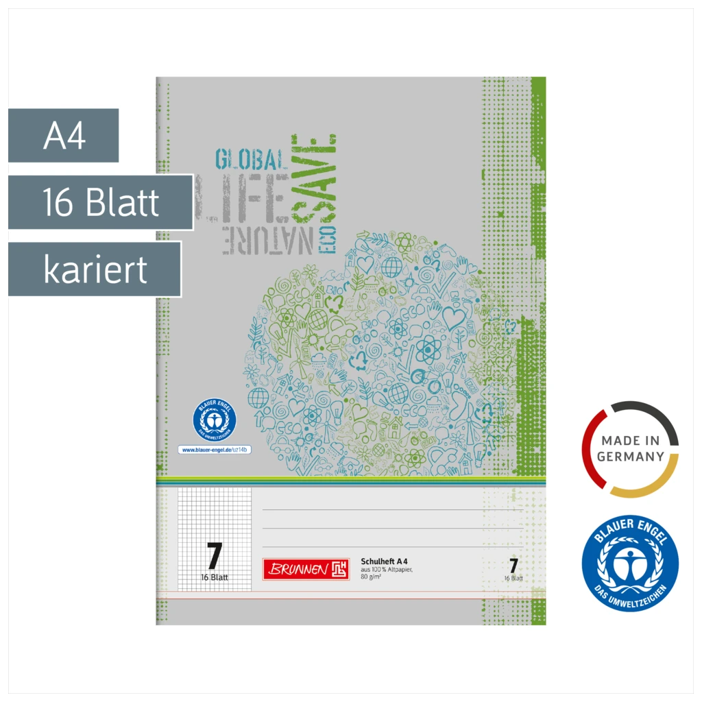 Schulheft Recycling | A4, Lineatur 7, 16 Blatt, grün/grau