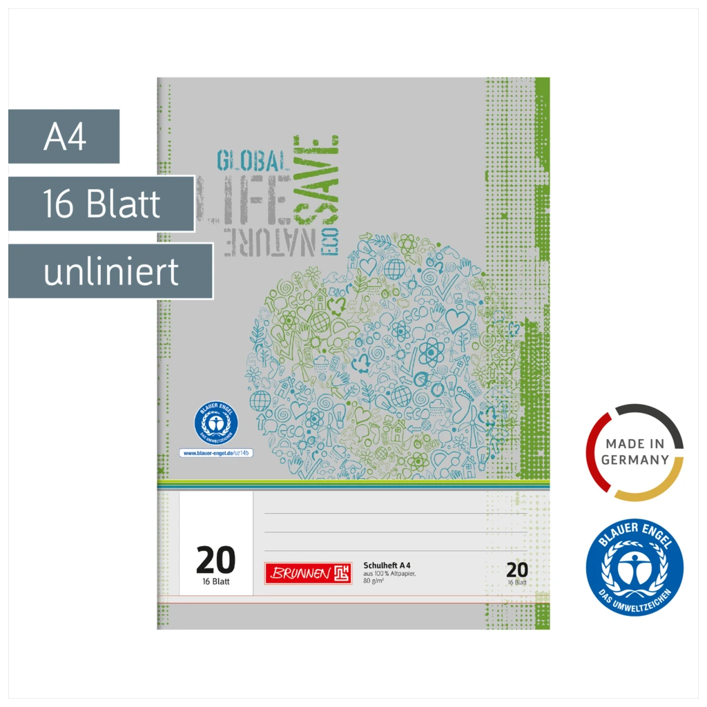 Schulheft Recycling | A4, Lineatur 20, 16 Blatt, grün/grau