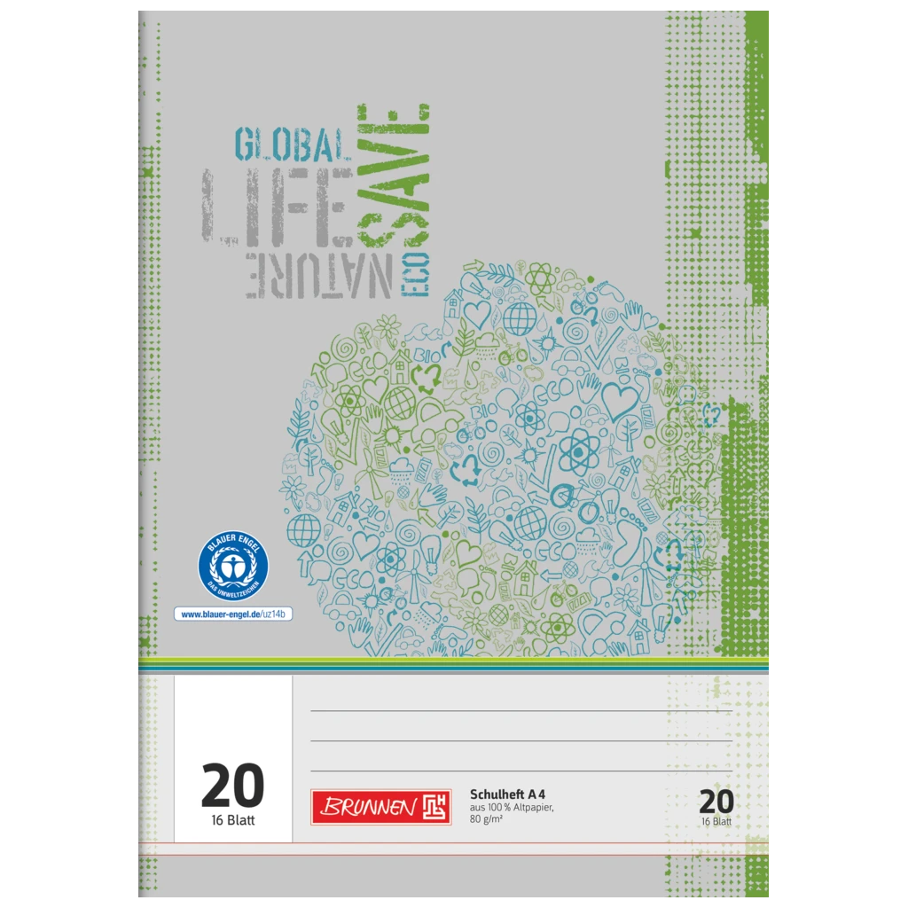 Schulheft Recycling | A4, Lineatur 20, 16 Blatt, grün/grau