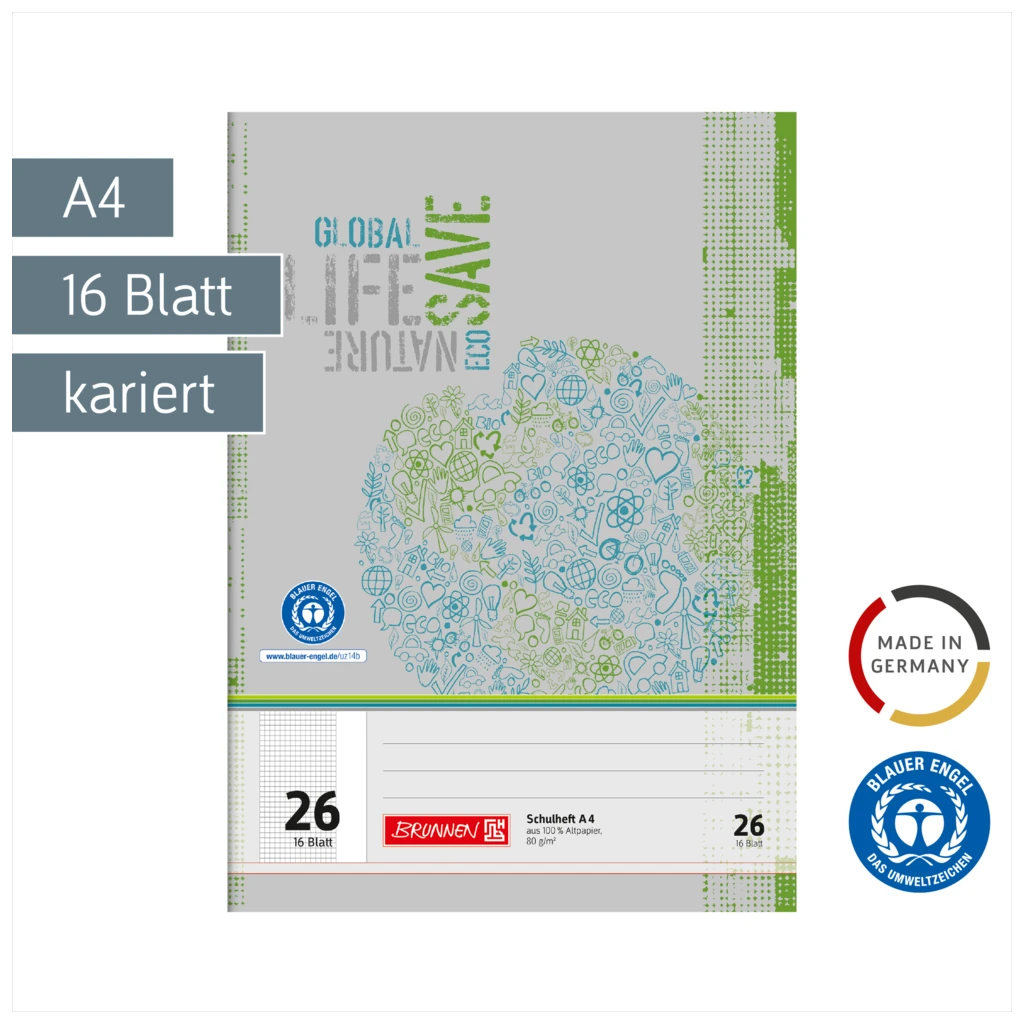 Schulheft Recycling | A4, Lineatur 26, 16 Blatt, grün/grau