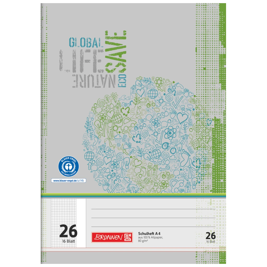 Schulheft Recycling | A4, Lineatur 26, 16 Blatt, grün/grau