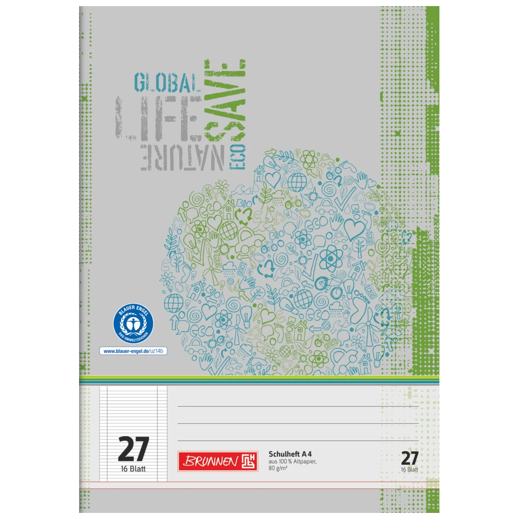Schulheft Recycling | A4, Lineatur 27, 16 Blatt, grün/grau