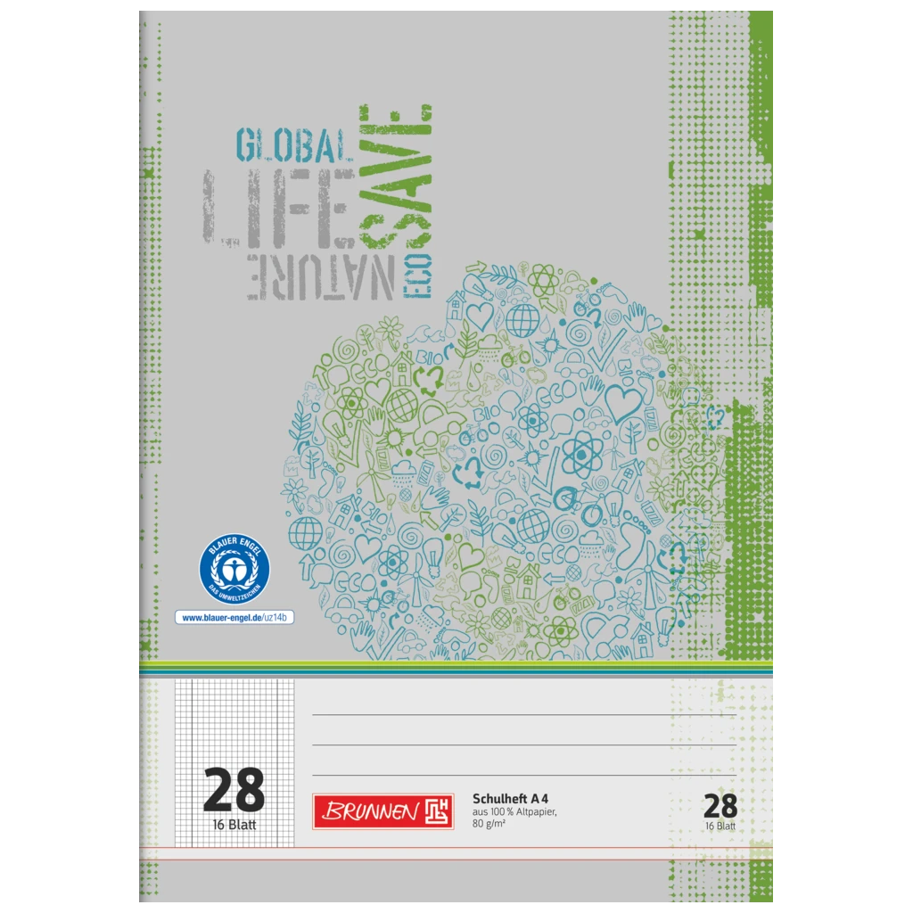 Schulheft Recycling | A4, Lineatur 28, 16 Blatt, grün/grau