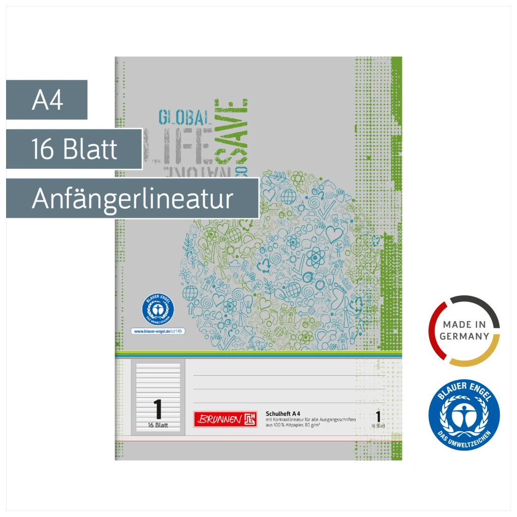 Schulheft Recycling | A4, Lineatur 1, 16 Blatt, grün/grau