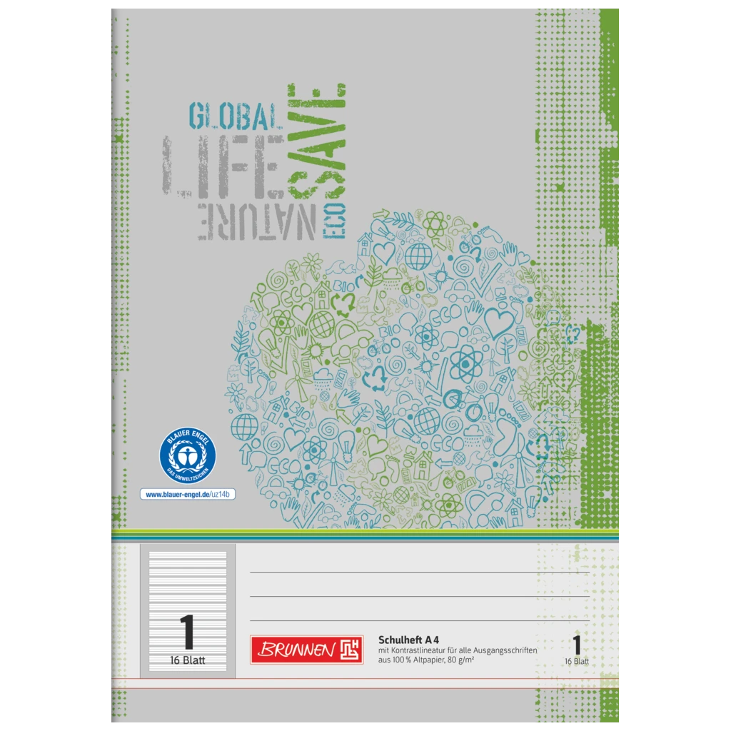 Schulheft Recycling | A4, Lineatur 1, 16 Blatt, grün/grau