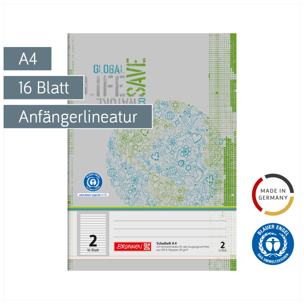Schulheft Recycling | A4, Lineatur 2, 16 Blatt, grün/grau