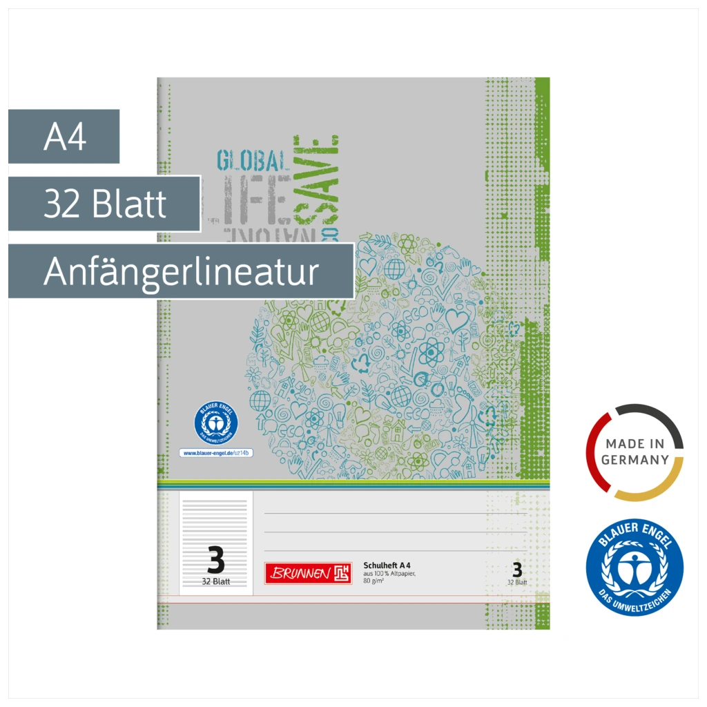 Schulheft Recycling | A4, Lineatur 3, 32 Blatt, grün/grau