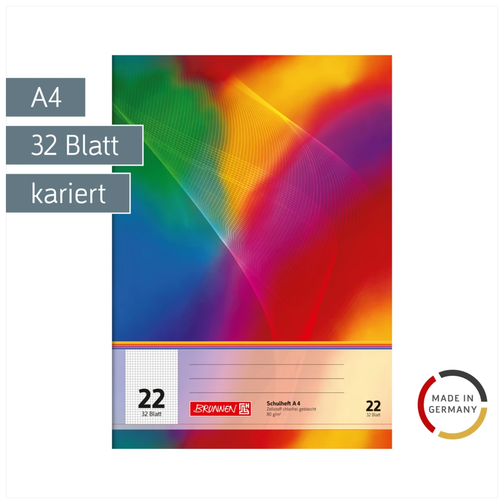 Schulheft | A4, Lineatur 22, 32 Blatt, mehrfarbig