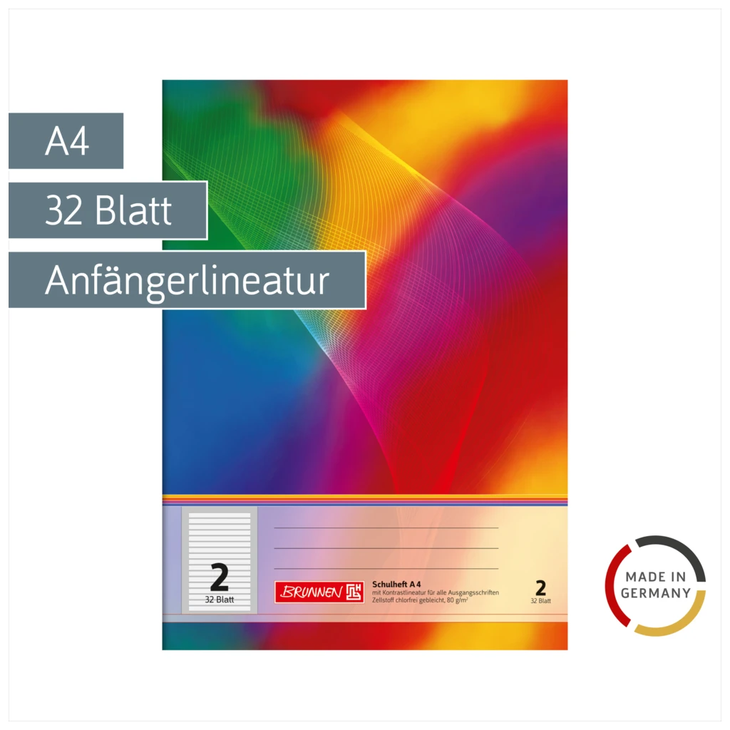 Schulheft | A4, Lineatur 2, 32 Blatt, mehrfarbig