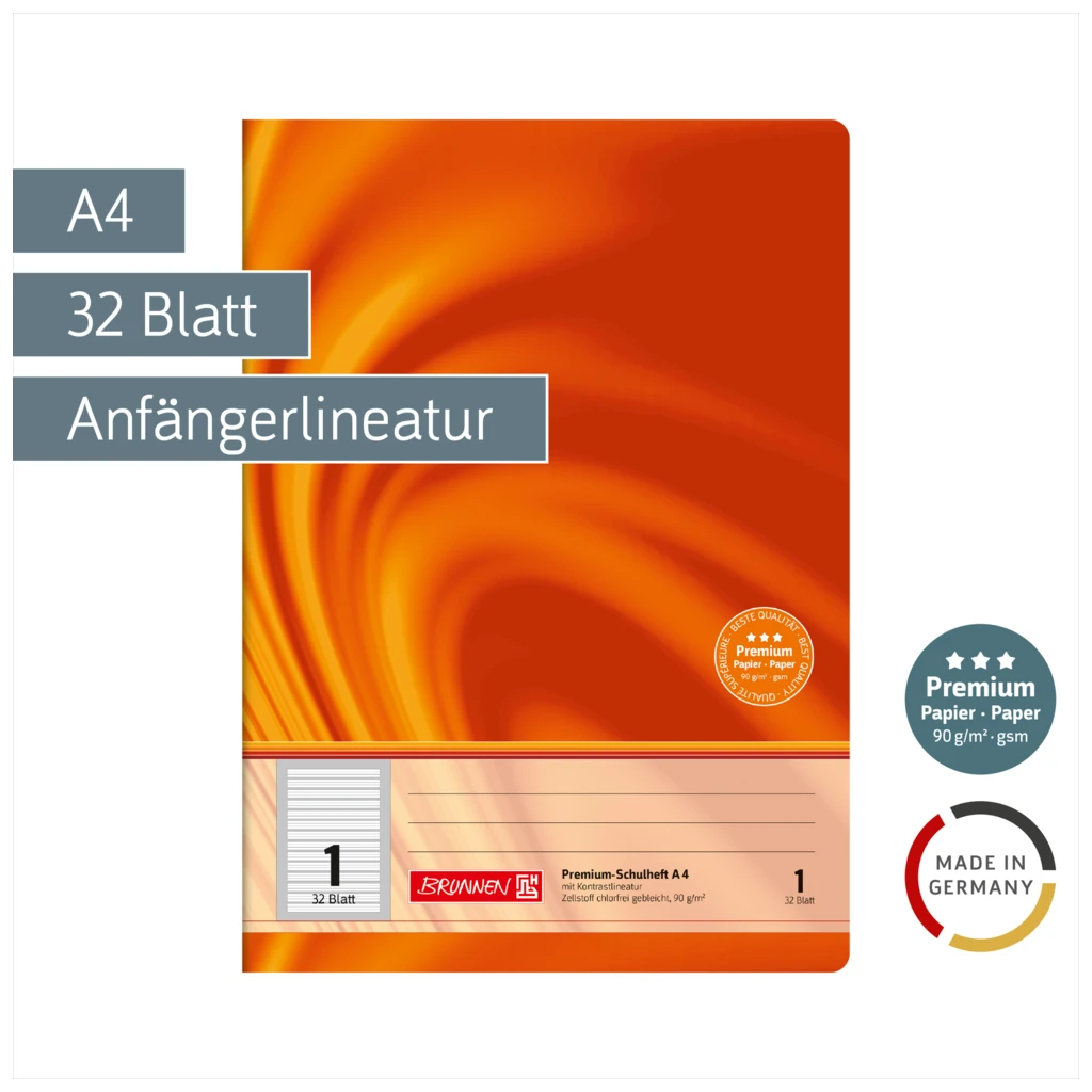 Schulheft Premium Vivendi | A4, Lineatur 1, 32 Blatt, orange