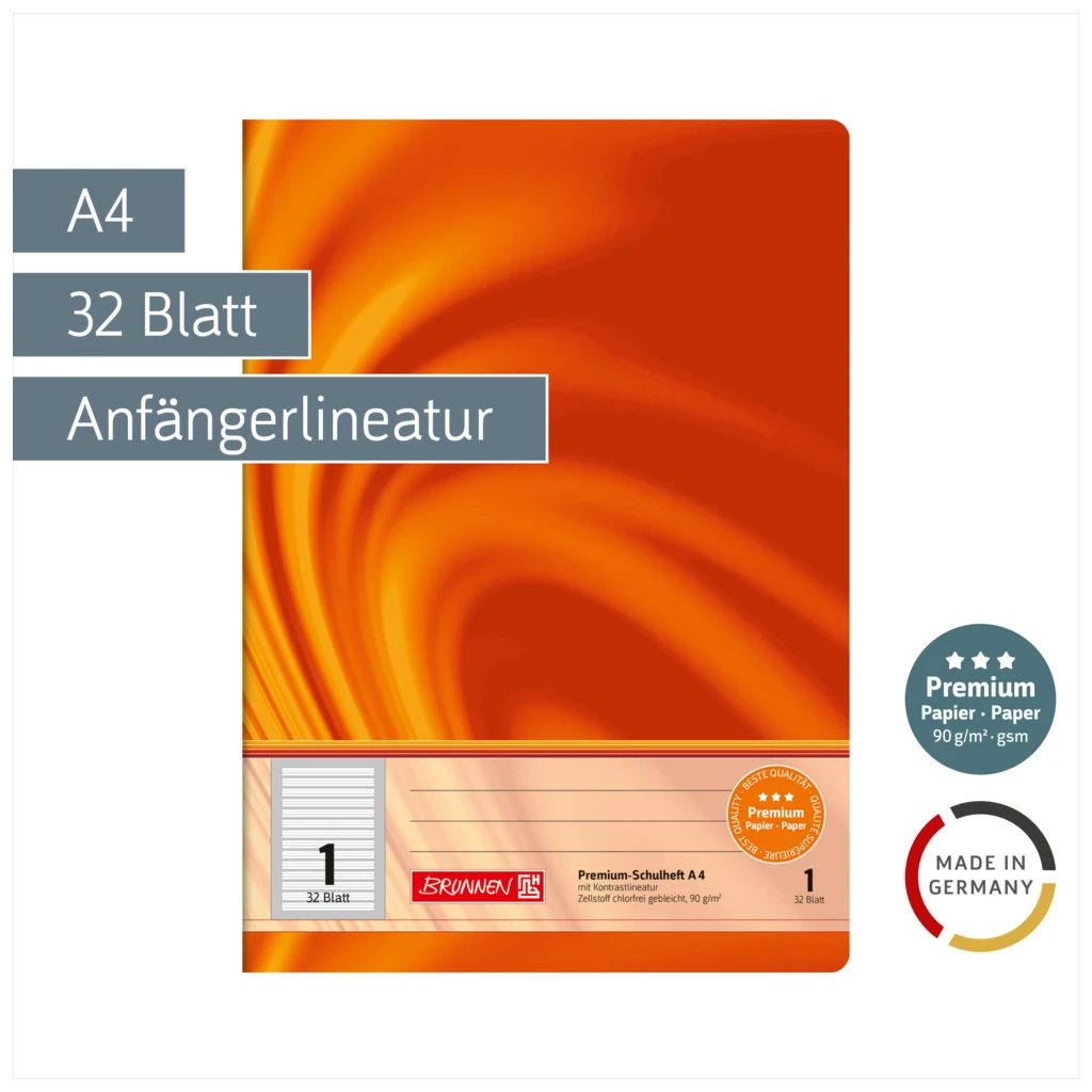 Schulheft Premium Vivendi | A4, Lineatur 1, 32 Blatt, orange