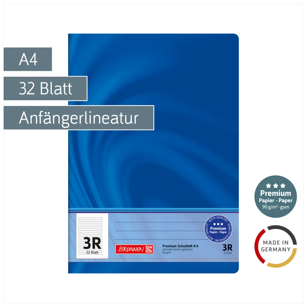 Schulheft Premium Vivendi | A4, Lineatur 3R, 32 Blatt, blau
