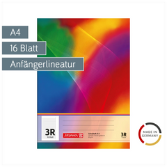 Schulheft | A4, Lineatur 3R, 16 Blatt, mehrfarbig