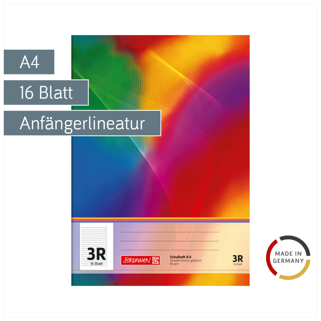 Schulheft | A4, Lineatur 3R, 16 Blatt, mehrfarbig