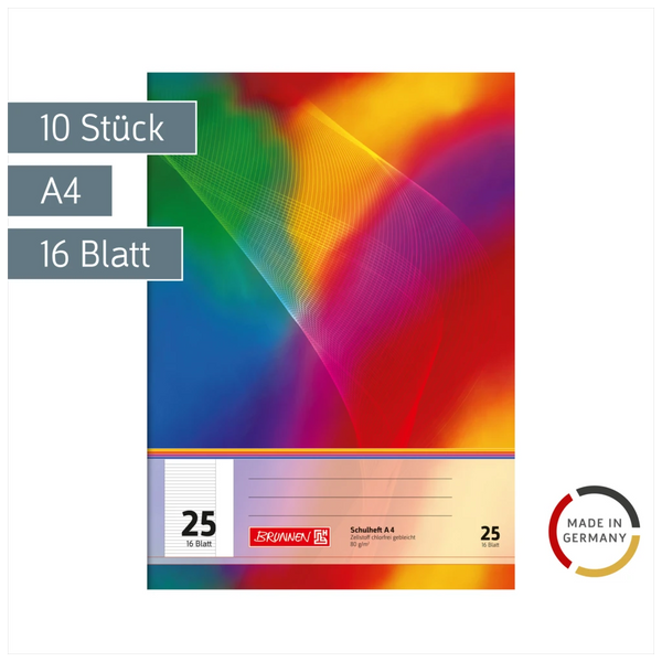Schulhefte | A4, Lineatur 25, 16 Blatt, mehrfarbig, 10 Stück