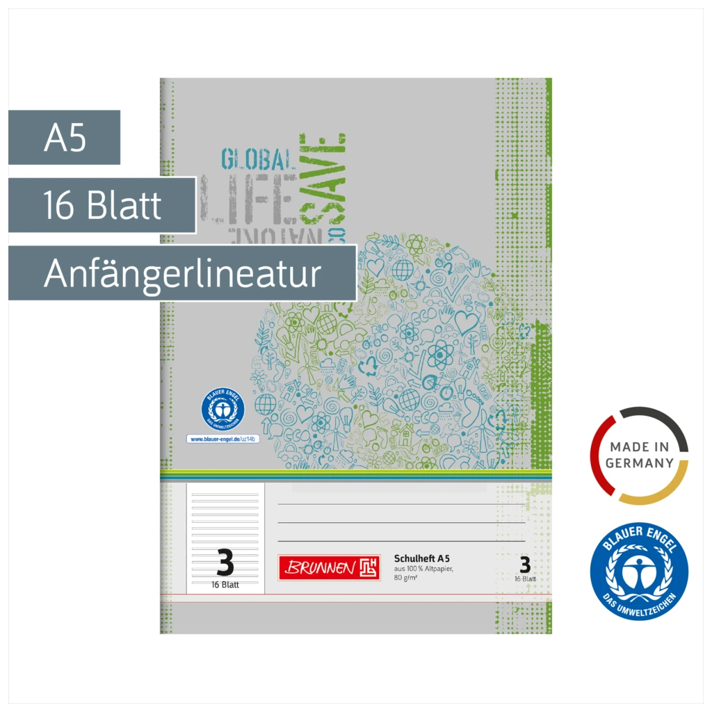 Schulheft Recycling | A5, Lineatur 3, 16 Blatt, grün/grau
