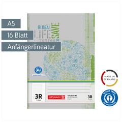 Schulheft Recycling | A5, Lineatur 3R, 16 Blatt, grün/grau