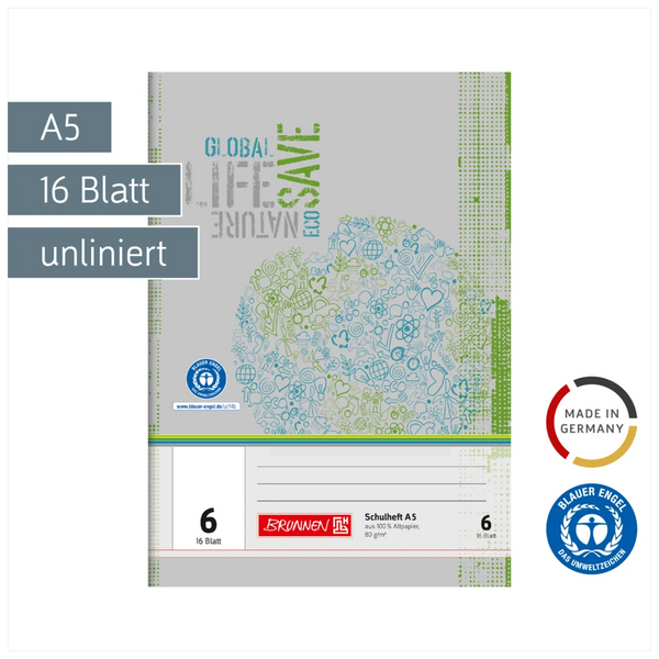 Schulheft Recycling | A5, Lineatur 6, 16 Blatt, grün/grau