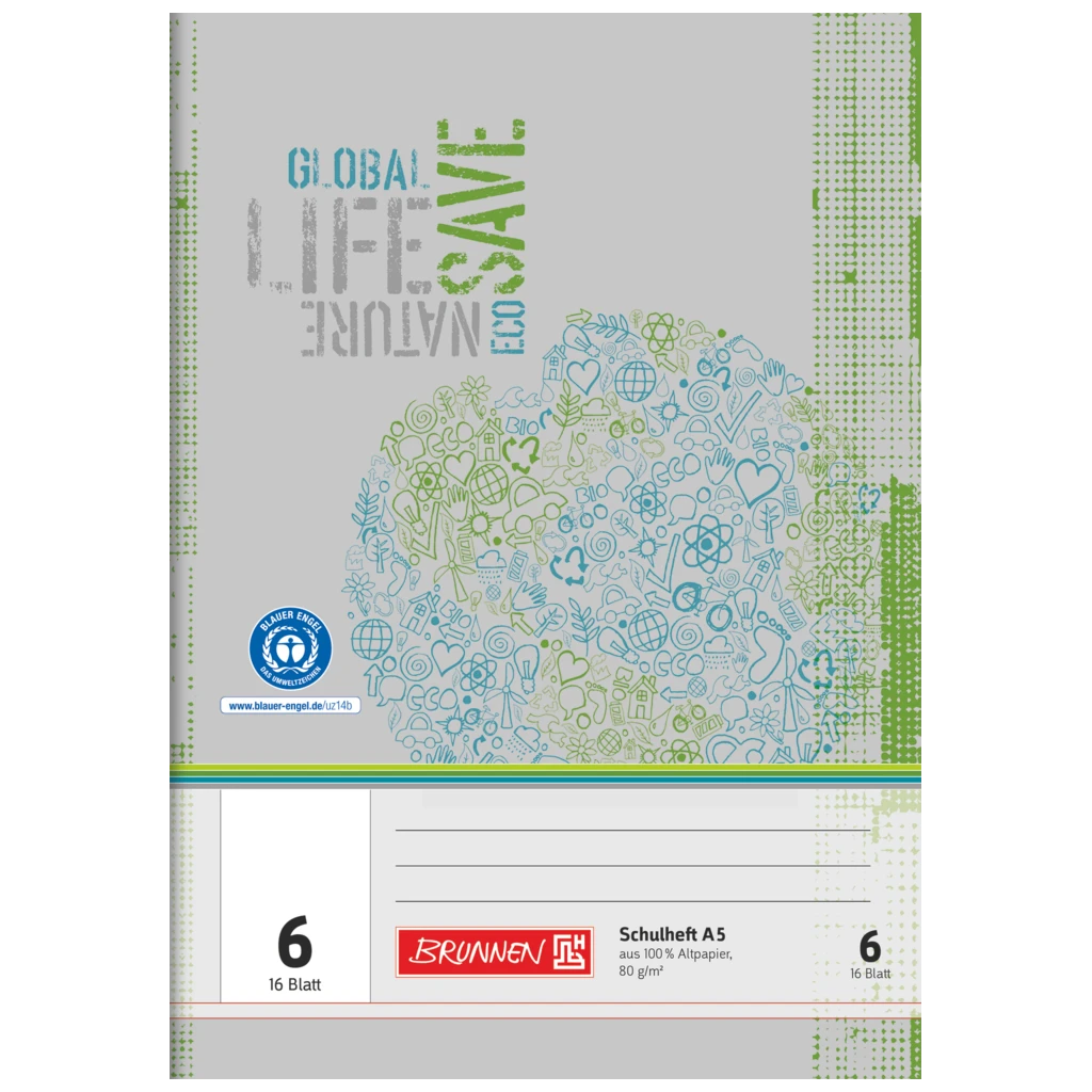 Schulheft Recycling | A5, Lineatur 6, 16 Blatt, grün/grau