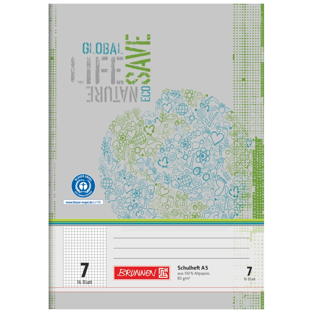 Schulheft Recycling | A5, Lineatur 7, 16 Blatt, grün/grau