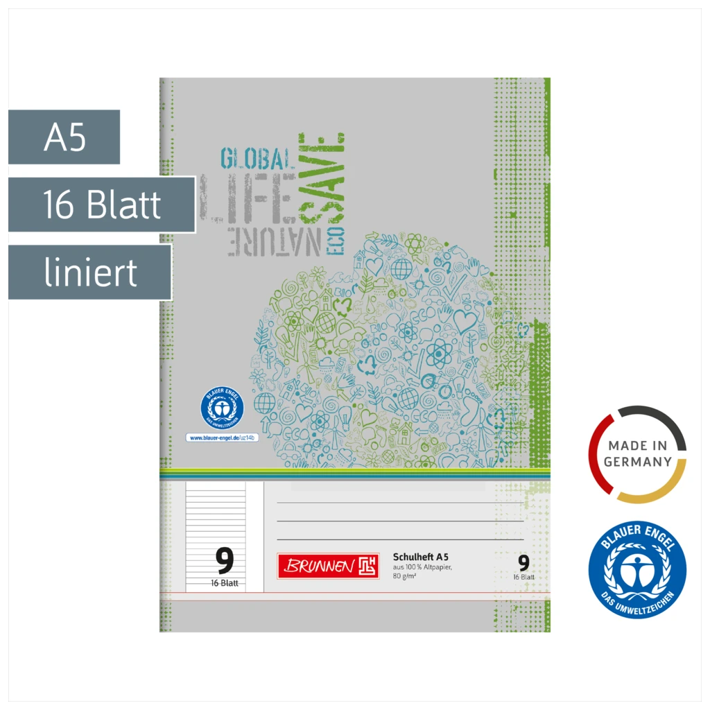 Schulheft Recycling | A5, Lineatur 9, 16 Blatt, grün/grau