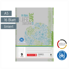 Schulheft Recycling | A5, Lineatur 9, 16 Blatt, grün/grau