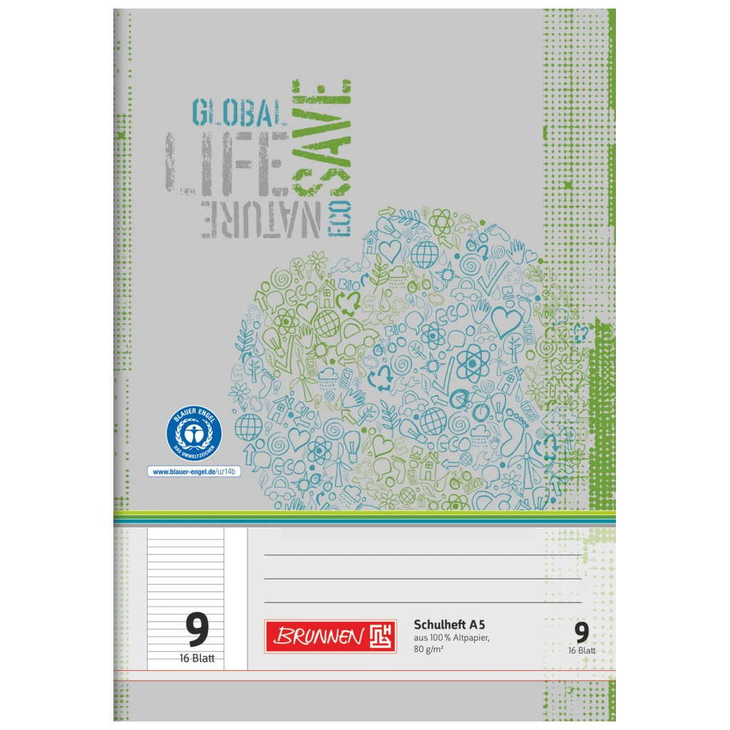 Schulheft Recycling | A5, Lineatur 9, 16 Blatt, grün/grau