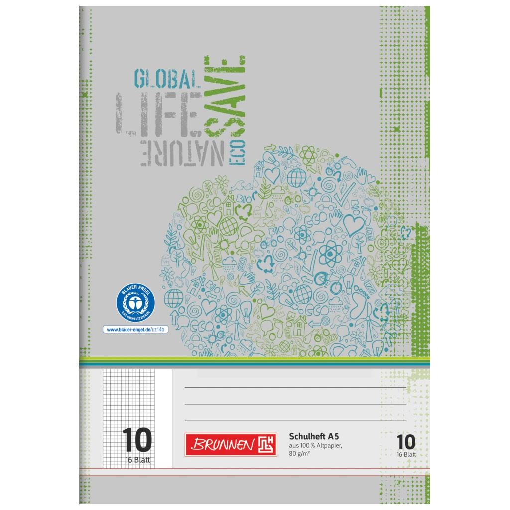 Schulheft Recycling | A5, Lineatur 10, 16 Blatt, grün/grau