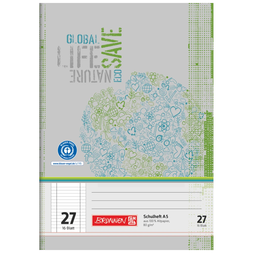 Schulheft Recycling | A5, Lineatur 27, 16 Blatt, grün/grau