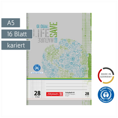 Schulheft Recycling | A5, Lineatur 28, 16 Blatt, grün/grau