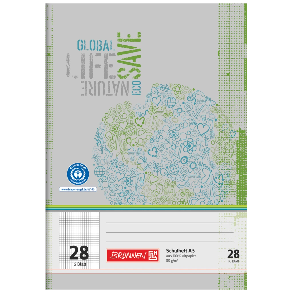 Schulheft Recycling | A5, Lineatur 28, 16 Blatt, grün/grau