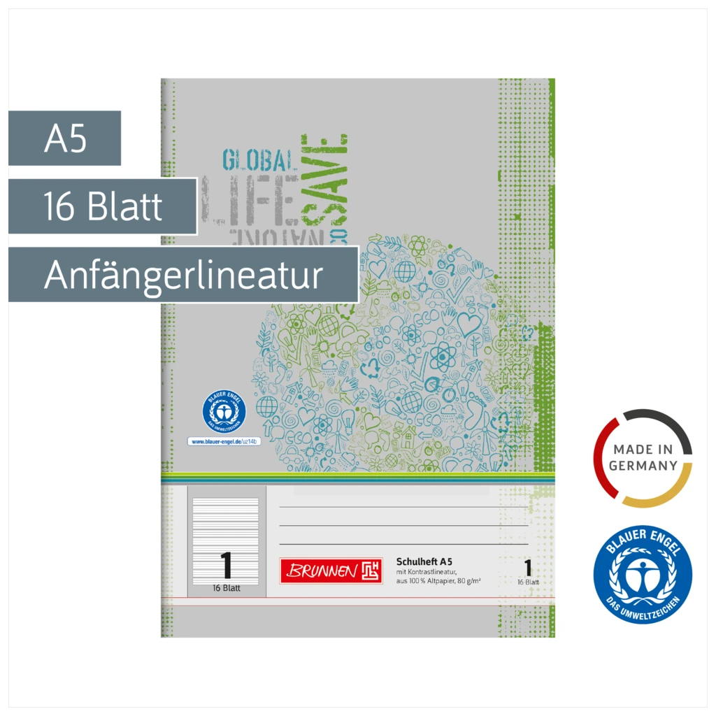 Schulheft Recycling | A5, Lineatur 1, 16 Blatt, grün/grau