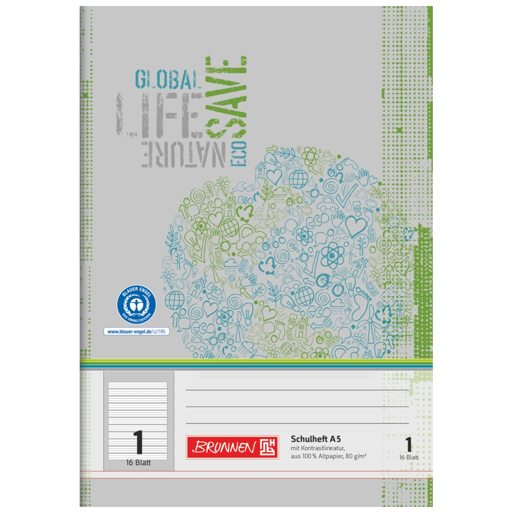 Schulheft Recycling | A5, Lineatur 1, 16 Blatt, grün/grau