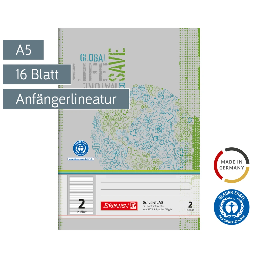 Schulheft Recycling | A5, Lineatur 2, 16 Blatt, grün/grau