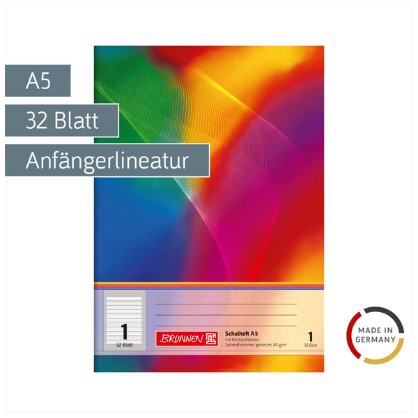 Schulheft | A5, Lineatur 1, 32 Blatt, mehrfarbig