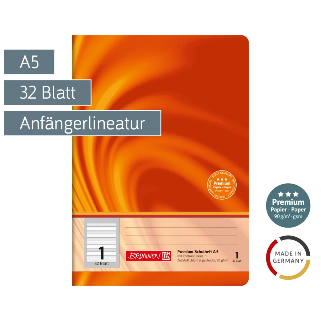 Schulheft Premium Vivendi | A5, Lineatur 1, 32 Blatt, orange