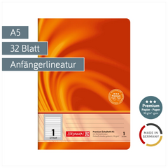 Schulheft Premium Vivendi | A5, Lineatur 1, 32 Blatt, orange
