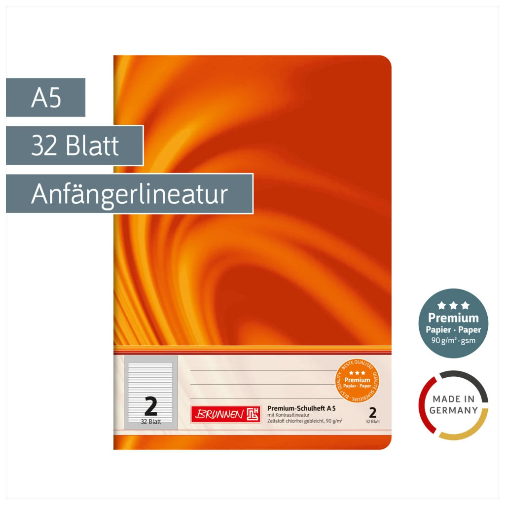 Schulheft Premium Vivendi | A5, Lineatur 2, 32 Blatt, orange